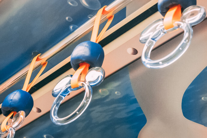 Image of a grab handle on the Disney Resort line monorail, in a Nemo and Friends Searider theme