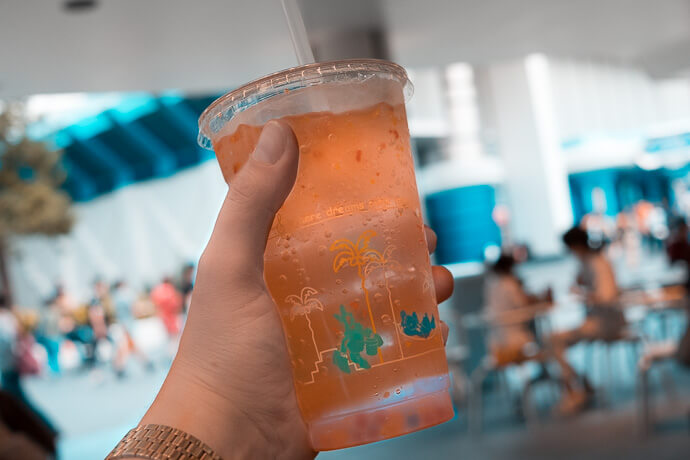 Pictured: Sparkling Tapioca Drink with Confetti with Space Mountain in Background