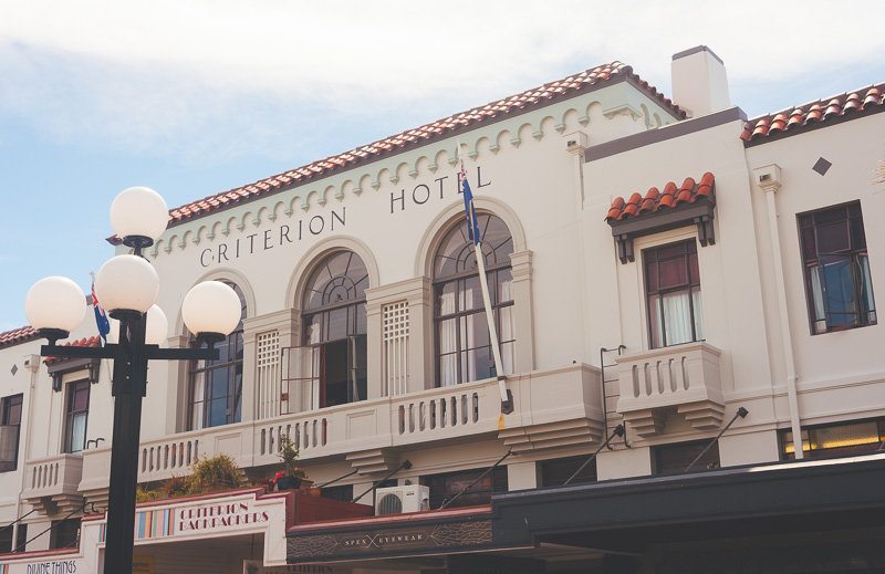 Upper levels of the Spanish Mission style Criterion Hotel in Napier