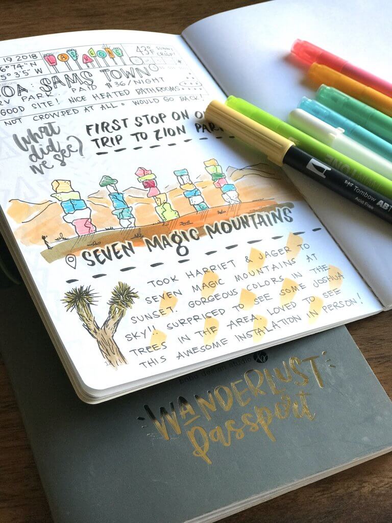 A page of the Wanderlust Passport filled out on a table with markers